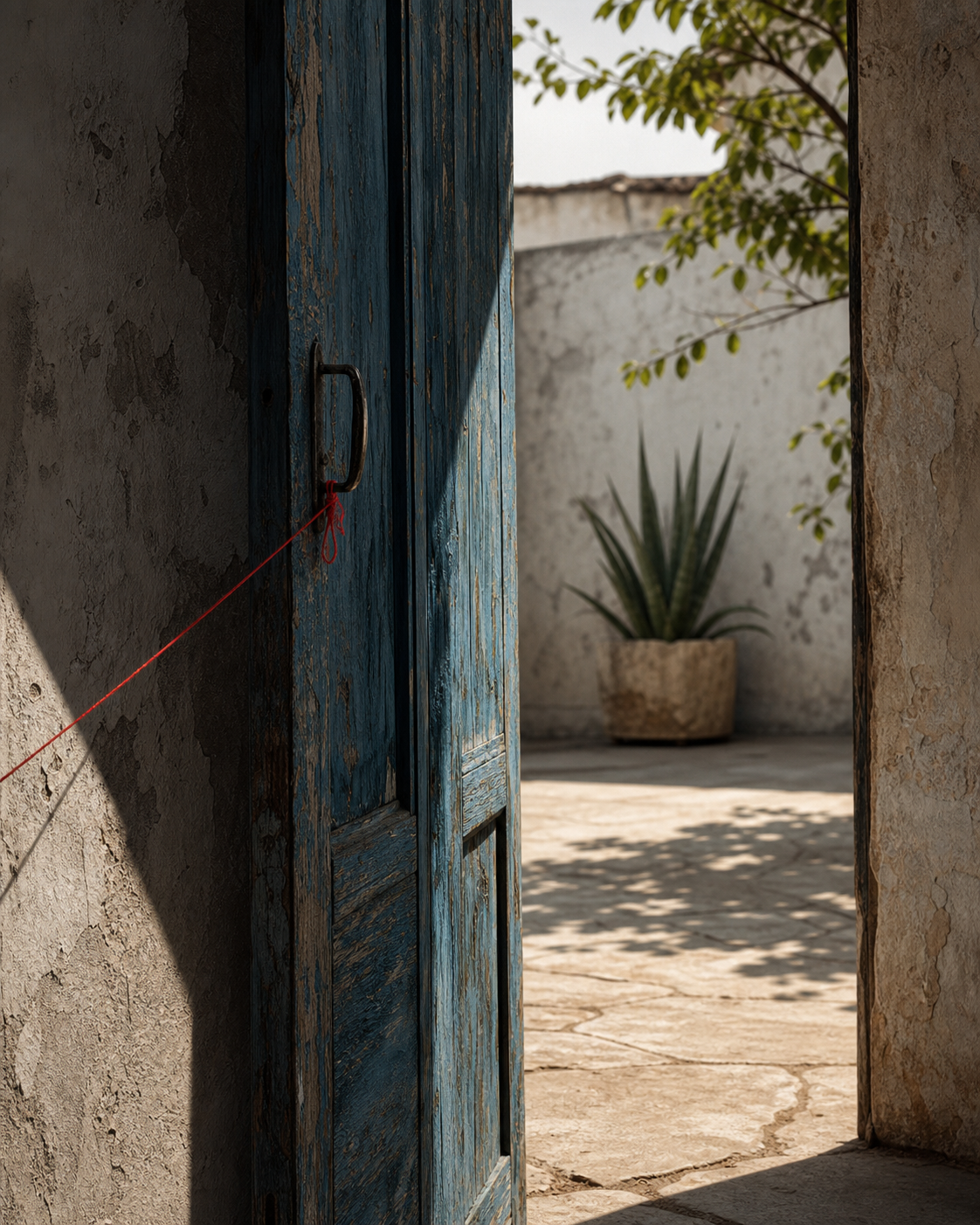 Puerta azul desgastada abierta a un patio iluminado