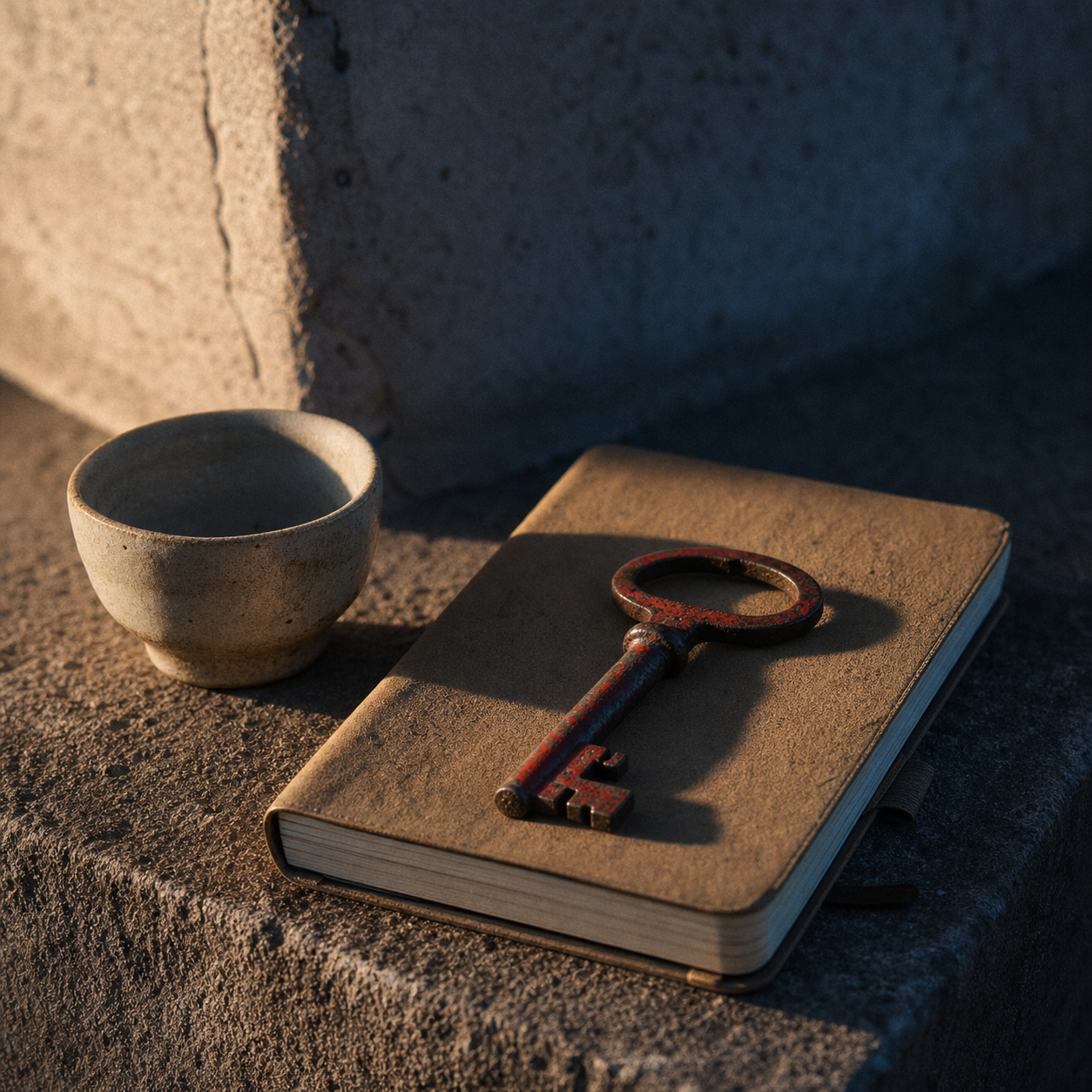 Cuaderno, taza y llave roja sobre una piedra